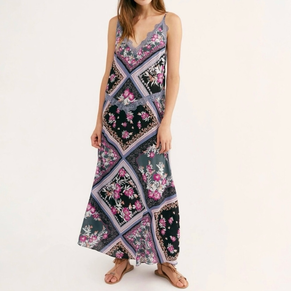 NWT Free People Intimately Stevie Printed Maxi Slip Dress Size S Graphite Combo - Picture 1 of 13